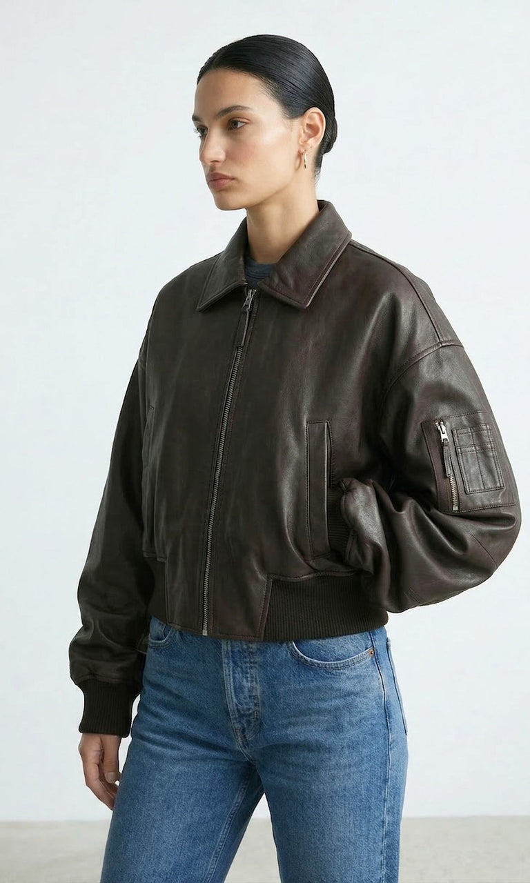 BONNIE LEATHER BOMBER - BROWN