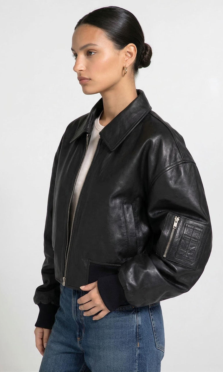 BONNIE LEATHER BOMBER - BLACK