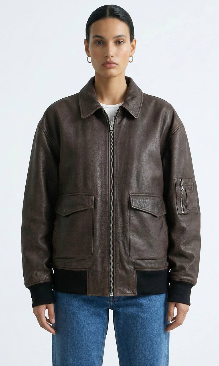 CLYDE LEATHER BOMBER - BROWN