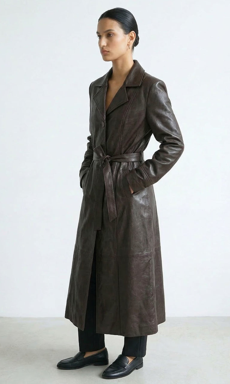 DREW LEATHER COAT - BROWN