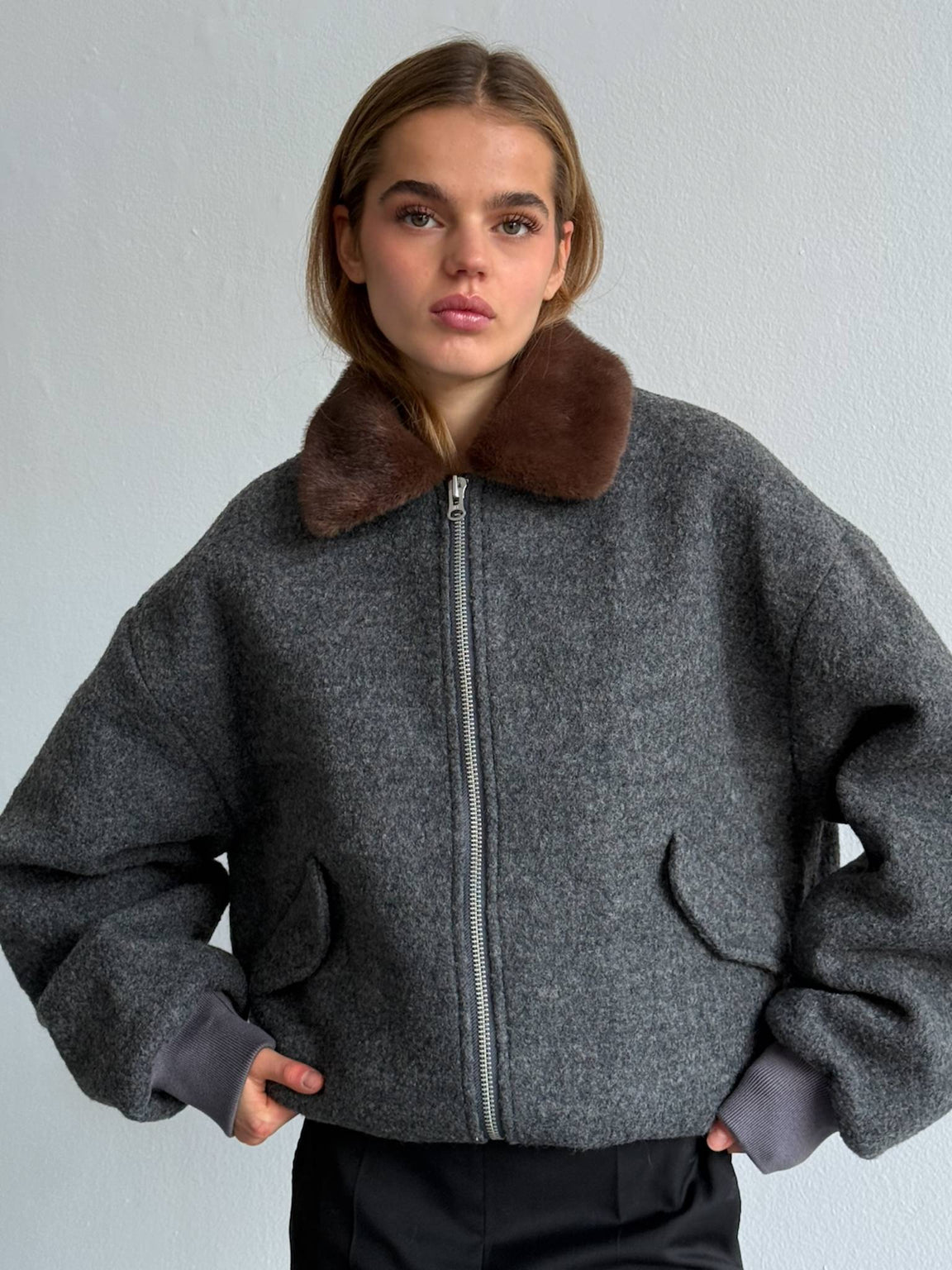 AVERY BOMBER JACKET - GREY/BROWN