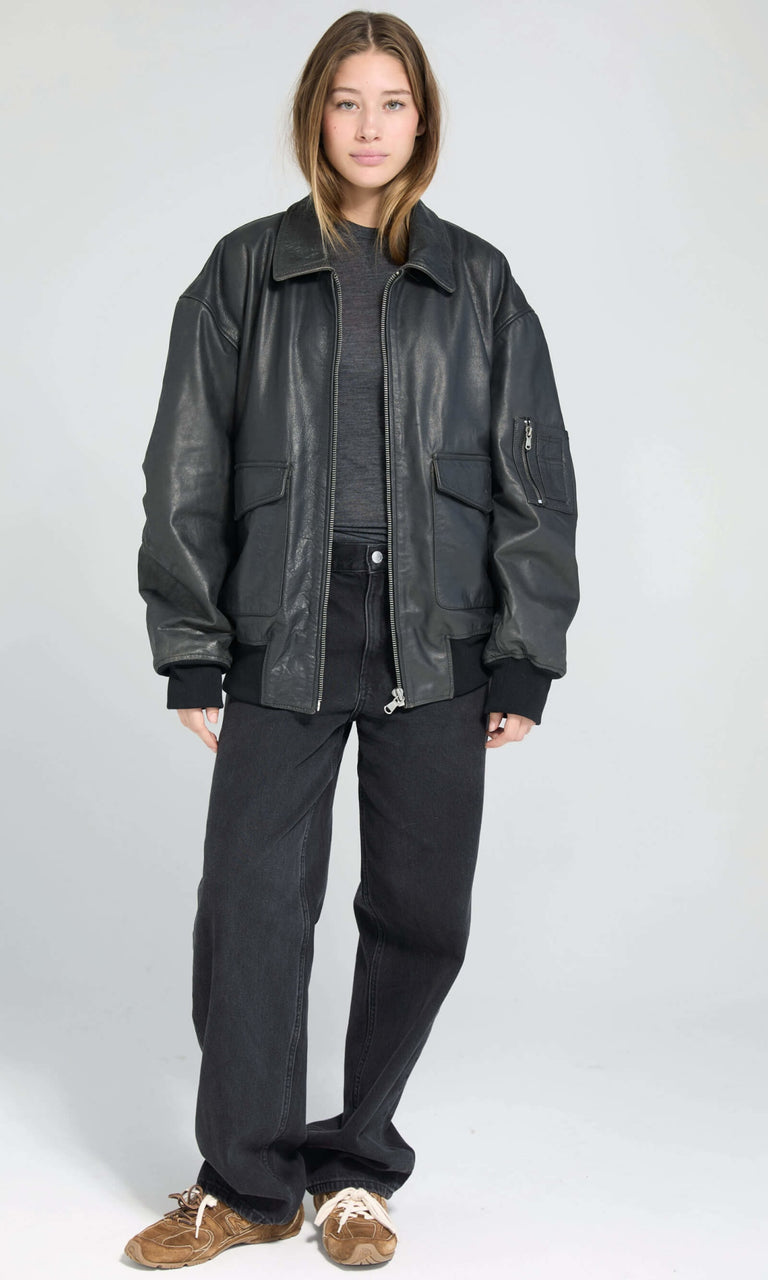 CLYDE LEATHER BOMBER - BLACK