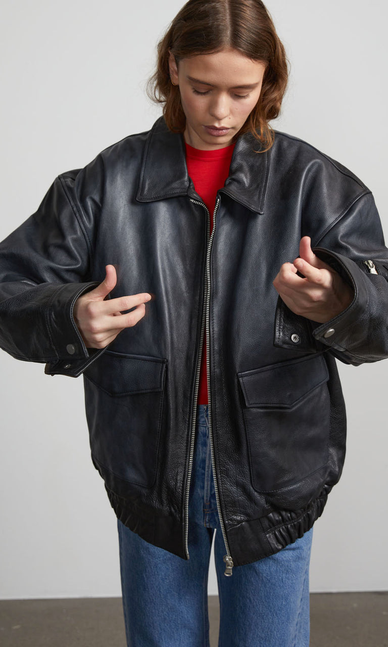 TANIS LEATHER BOMBER - BLACK