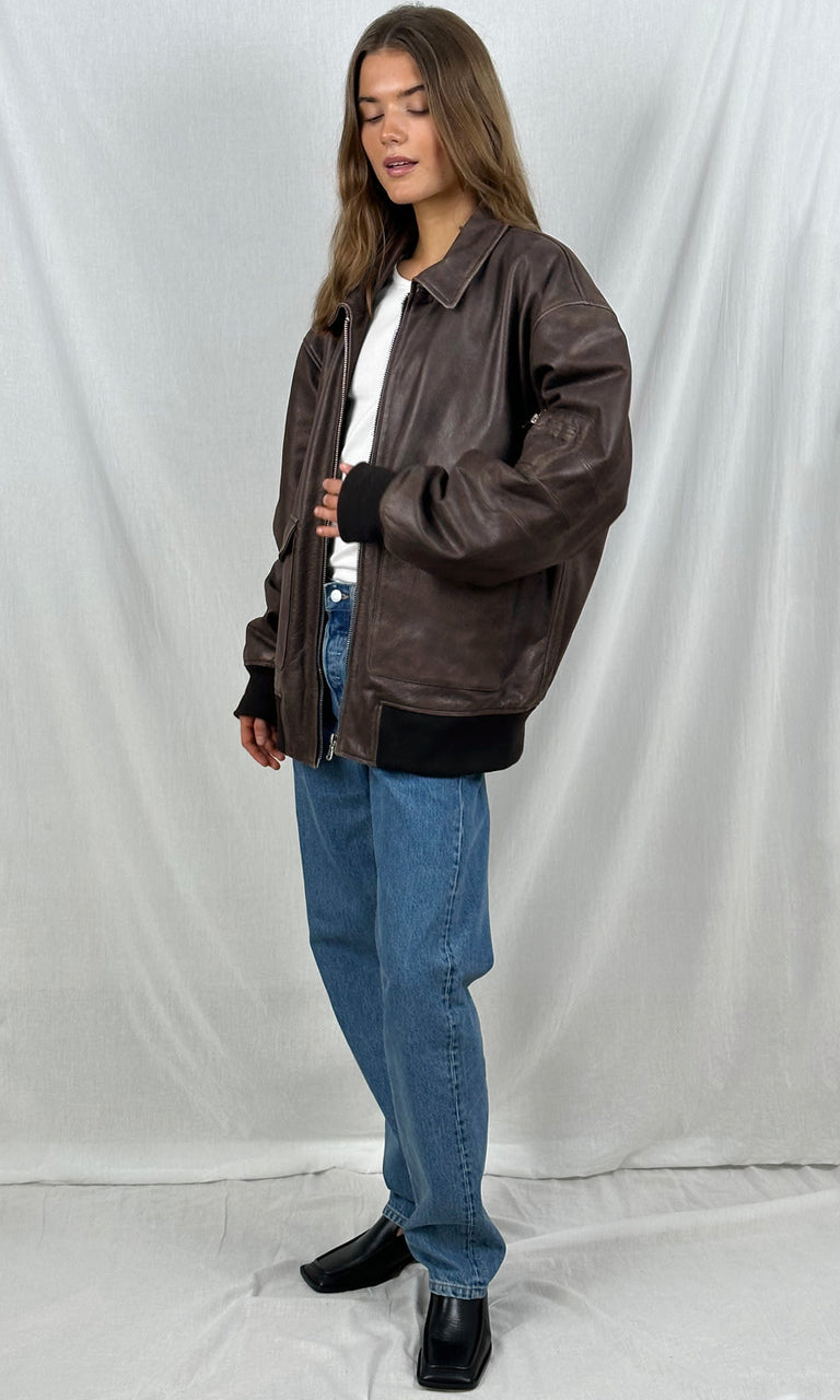 CLYDE LEATHER BOMBER - BROWN